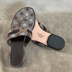 Salvatore Ferragamo Monogram Brown and Blue Slides